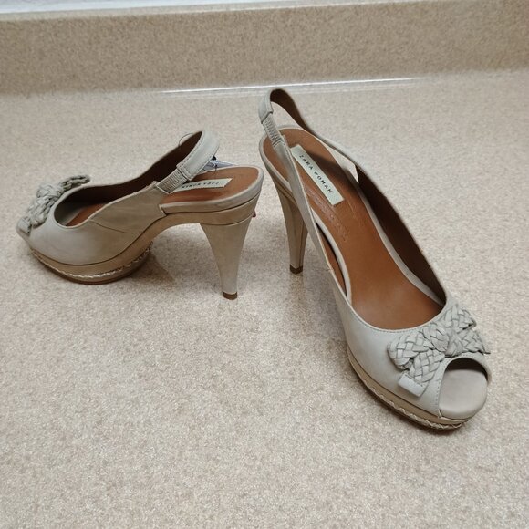 NWT Zara Bows Heel Leather Sandal Pumps Size 9 Peep Toe Sling Back Platform Grey - Picture 6 of 9